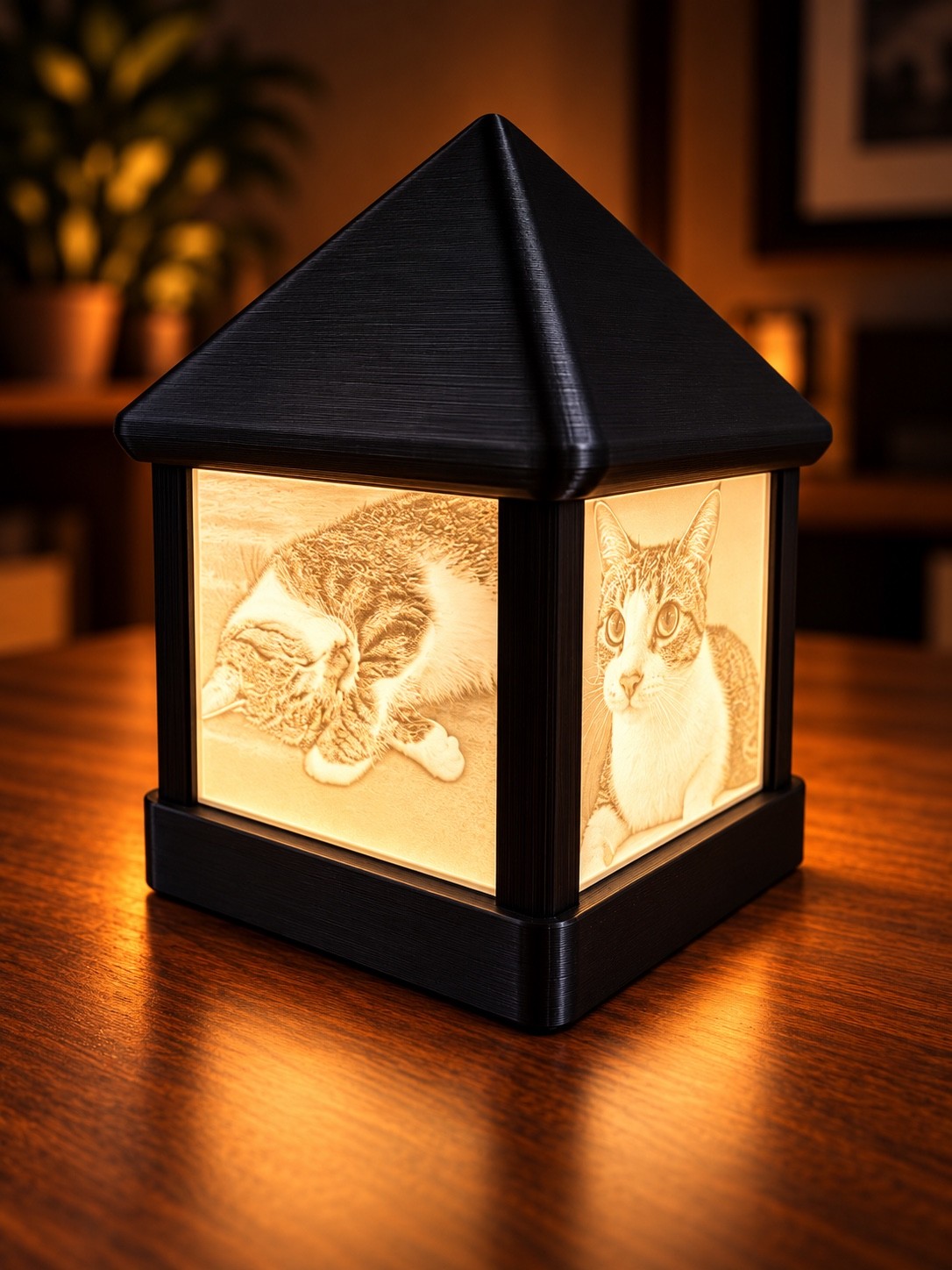 Edited corner view of two glowing cat photo panels