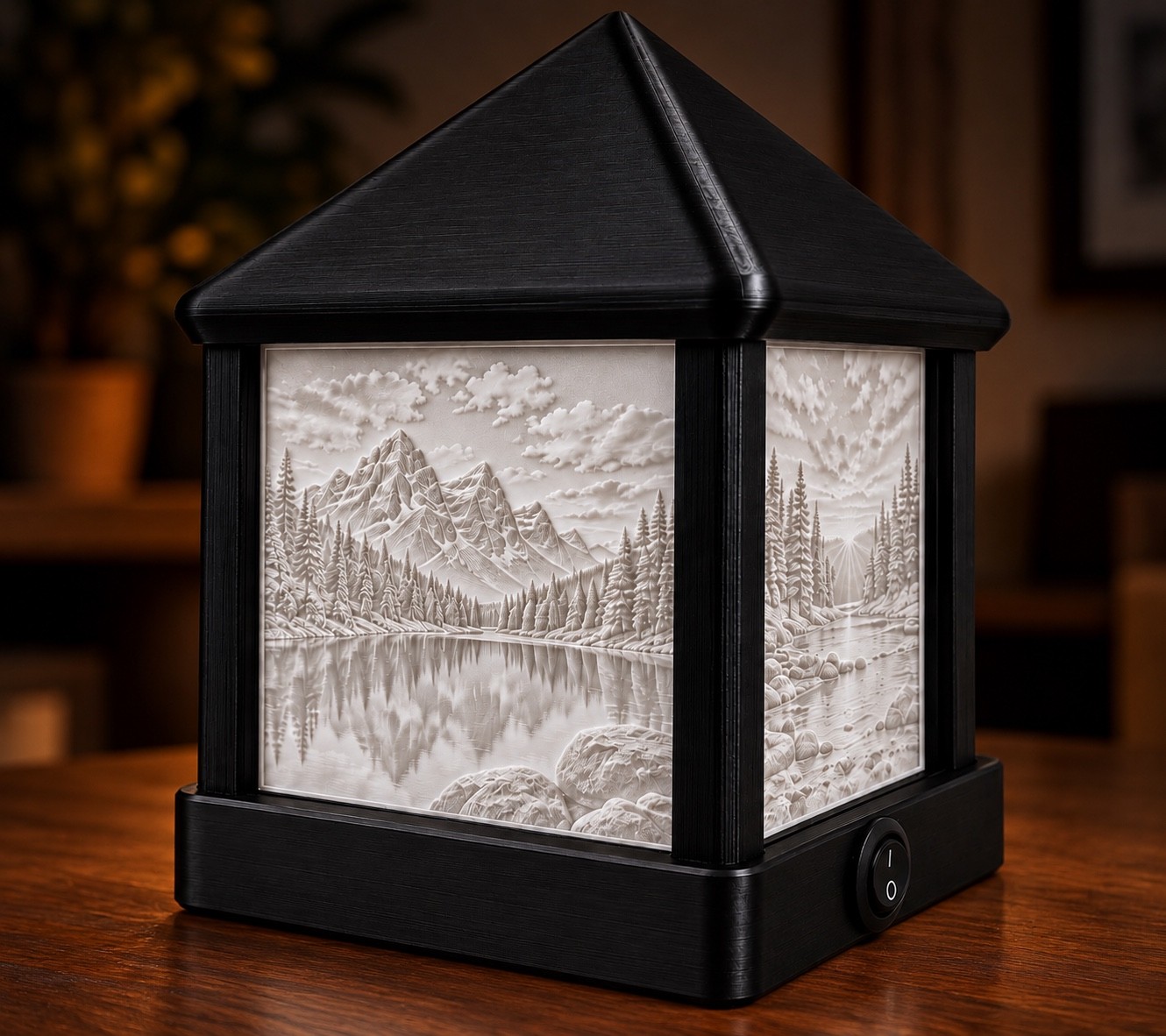 Edited unlit mountain landscape lantern at an angle