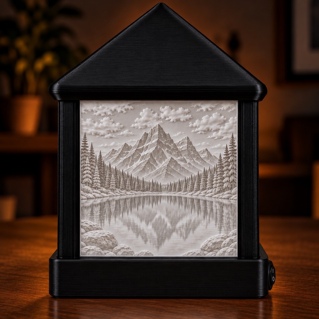 Edited straight-on unlit mountain landscape lantern