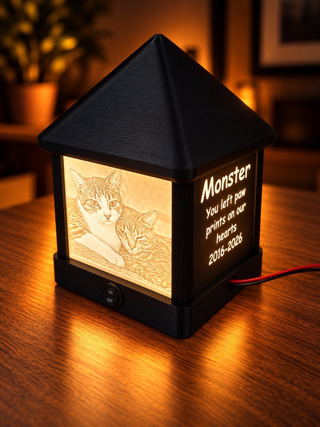 Edited cat lantern with personalized memorial text and power cord